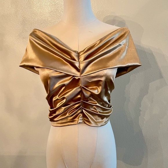 Women's Satin Off Shoulder Sexy Ruched Short Sleeve Slim Fit Blouse Crop Top - M - Picture 4 of 16